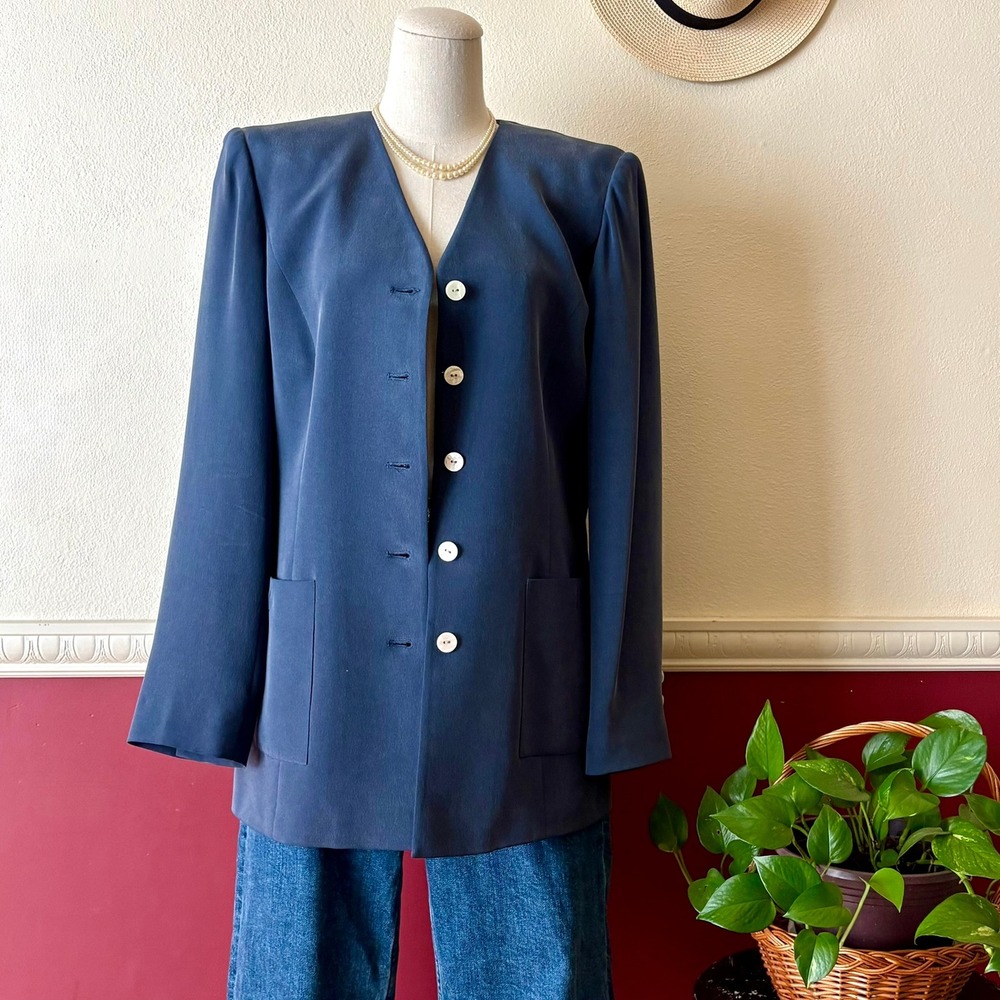Vintage 100% Silk Longline Blazer 8 Blue Collarless Minimalist Preppy Old Money